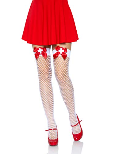 Leg Avenue Women's Nurse Fishnet Thigh Highs, White/Red, O/S
