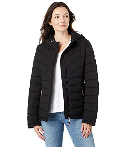 Tommy Hilfiger Women's Puffer Lightweight Hooded Jacket with Drawstring Packing Bag, Black, Large