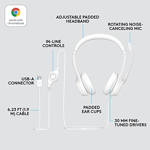 Logitech H390 Wired Headset for PC/Laptop, Stereo Headphones with Noise Cancelling Microphone, USB-A, in-Line Controls, Works with Chromebook - Off White