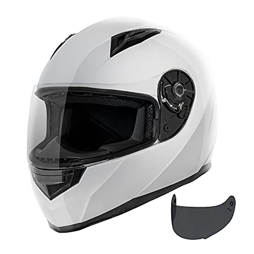 VCAN VX Lightweight Full Face Motorcycle Street Bike Helmet with Extra Tinted Visor DOT and ECE 22.05 Approved (White, Medium)