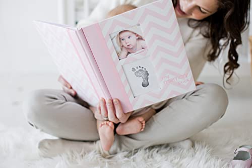 Pearhead First 5 Years Chevron Baby Memory Book With Clean-Touch Baby Safe Ink Pad To Make Baby's Hand Or Footprint Included, Newborn Milestone And Pregnancy Journal, Pink