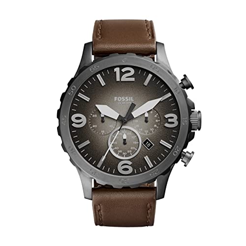 Fossil Men's Nate Quartz Stainless Steel and Leather Chronograph Watch, Color: Smoke, Brown (Model: JR1424)