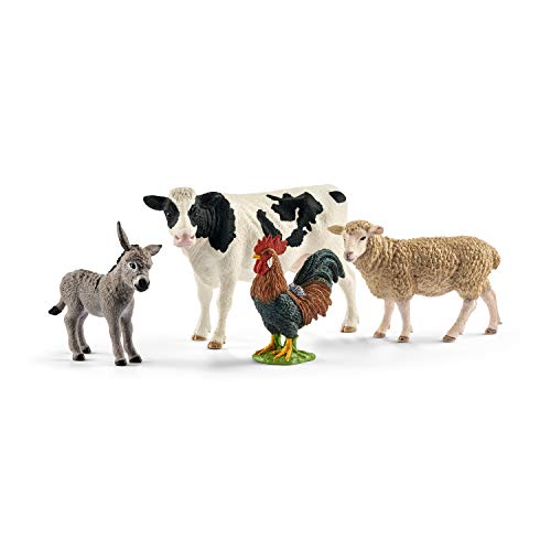 Schleich Farm Animal Toys and Playsets - Farm World 4 Piece Starter Set with Cow, Rooster, Sheep, and Donkey Figurine, Farming Action Figures and Accessories for Kids Ages 3 and Above