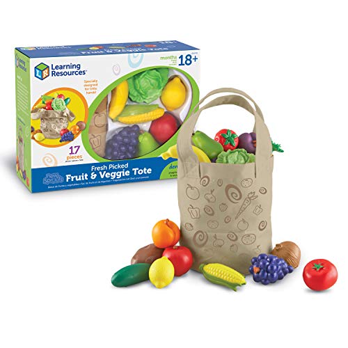 Learning Resources Fresh Picked Fruit And Veggie Tote - 17 Pieces, Ages 18mos+ Pretend Play Toys, Fruits and Vegetables for Kids, Play Food for Toddlers, Preschool Toys