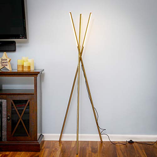 Brightech Stix LED Tripod Floor Lamp for Living Room - Dimmable Modern Standing Lamp, with 3 Lights for Bedroom - Contemporary Office Lighting- Gold / Antique Brass