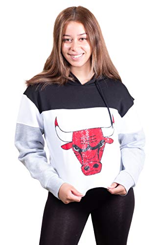 Ultra Game NBA Chicago Bulls Womens Super Soft Fleece Crop Top Pullover Hoodie Sweatshirt, Black, Large