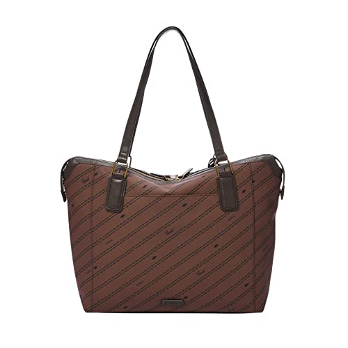 Fossil Women's Jacqueline Faux Leather Tote Bag Purse Handbag, Brown/Black Signature Print (Model: ZB1578199)