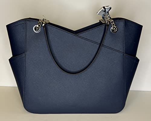 Michael Kors Women's Jet Set Travel Large Chain Shoulder Bag bundled with Purse Hook and Skinny Scarf (Navy/Silver)