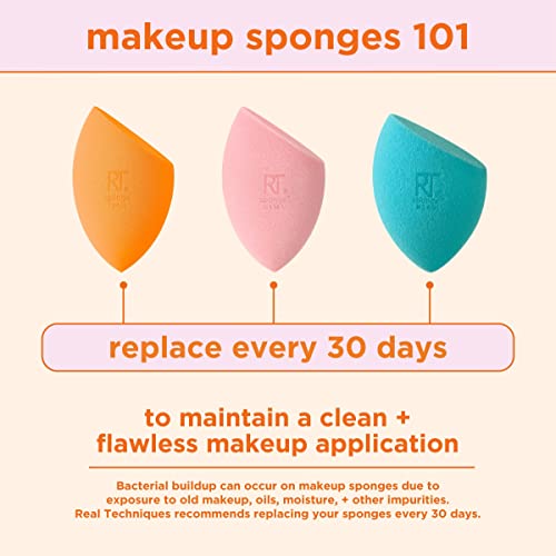 Real Techniques Miracle Complexion Sponge, Makeup Blending Sponge, For Foundation, Offers Light To Medium Coverage, Natural, Dewy Makeup, Orange Sponge, Latex-Free Foam, 4 Count