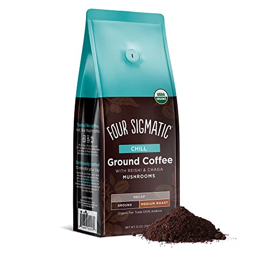 Organic Decaf Ground Coffee by Four Sigmatic | Swiss Water Decaf Coffee Ground | Decaffeinated Coffee with Chaga and Reishi Mushroom Extracts | Decaf Coffee for Immune Support and Stress Relief | 12oz Bag