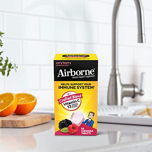 Airborne 1000mg Vitamin C Chewable Tablets with Zinc, Immune Support Supplement with Powerful Antioxidants Vitamins A C and E - 64 Chewable Tablets, Very Berry Flavor