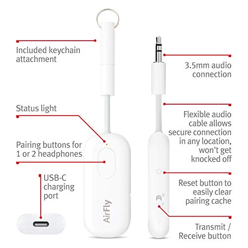 Twelve South AirFly Pro Bluetooth Wireless Audio Transmitter/ Receiver for up to 2 AirPods /Wireless Headphones; Use with any 3.5 mm Audio Jack on Airplanes, Gym Equipment, TVs, iPad/Tablets and Auto