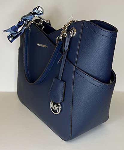 Michael Kors Women's Jet Set Travel Large Chain Shoulder Bag bundled with Purse Hook and Skinny Scarf (Navy/Silver)