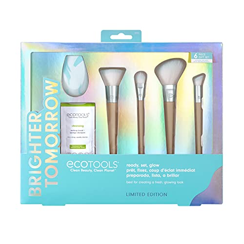 EcoTools Limited Edition Ready, Set, Glow Makeup Accessory and Cleansing Set, Blue, 6 Piece Makeup Tool Christmas Gift Set For Wife, Daughter, Or Girlfriend