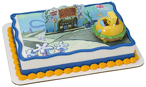 DecoSet® SpongeBob Square Pants Krabby Patty Cake Topper, 2-Piece Birthday Party Set with Rolling Car Figure for Fun After the Party, 3'H x 4.25'W