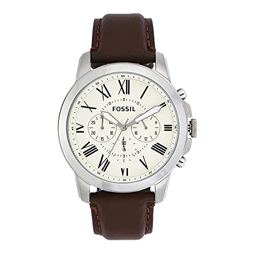 Fossil Men's Grant Quartz Stainless Steel and Leather Chronograph Watch, Color: Silver, Brown (Model: FS4735)