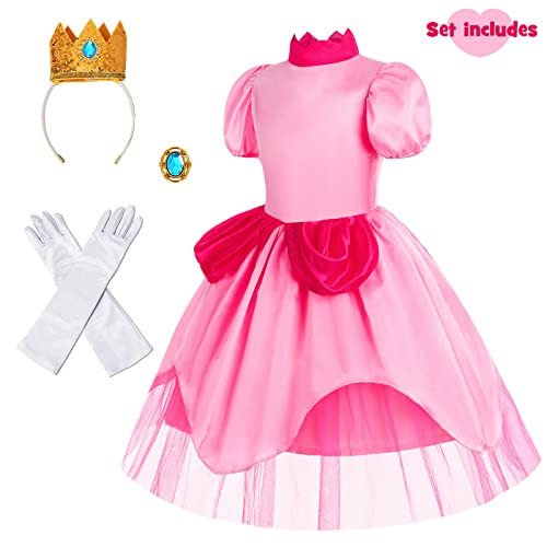 Oskiner Princess Peach Costume for Girls,Super Brothers Princess Peach Dress for Kids Cosplay Halloween Party Dress Up (3-4T)
