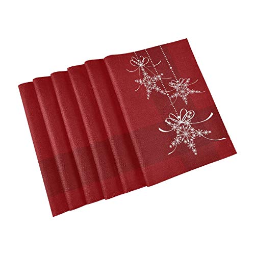 Placemats Elegance Christmas Snowflakes Dining Table Placemats Set of 6 Heat Resistant Kitchen Table Mats Washable Woven Linen-Like Polyester 18X12 Inch Red