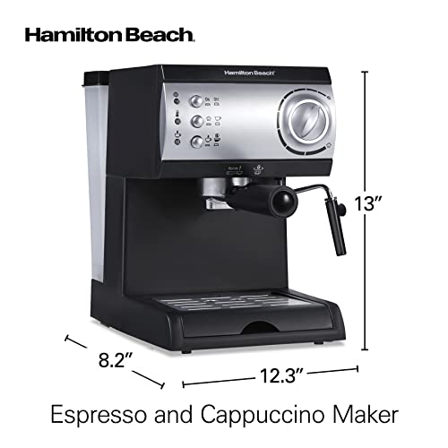 Hamilton Beach 15 Bar Espresso Machine, Cappuccino, Mocha, and Latte Maker, with Milk Frother, Make 2 Cups Simultaneously, Works with Pods or Ground Coffee, 50 oz. Water Reservoir, Black