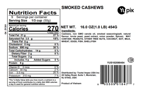 Yupik Smoked Roasted Cashews, 1 lb, Savory Smoky Flavored Nuts, Vegan, Non GMO, No Preservatives or Artificial Flavors, Brown