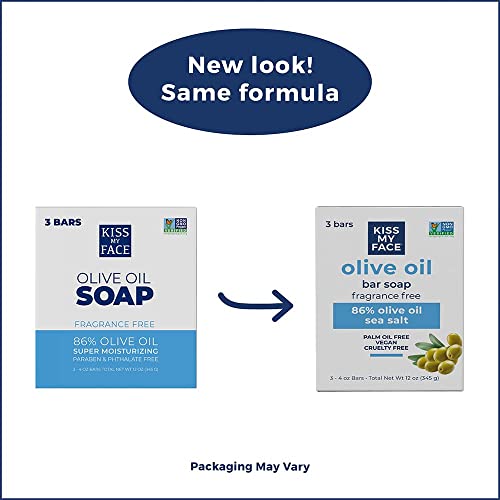 Kiss My Face Olive Oil Fragrance Free Bar Soap, Moisturizing Bar Soap, Cruelty Free Vegan Soap, Palm Oil Free, 4 Oz Per Bar, 3 Pack