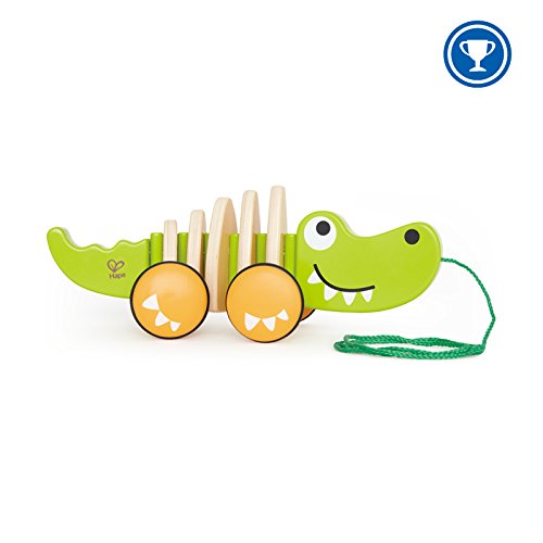 Hape Walk-A-Long Croc Toddler Wooden Pull Along Toy, L: 11.6, W: 4.3, H: 4.3 inch