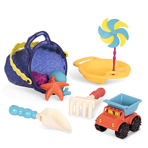 B. toys – Sands Ahoy – Beach Playset - Medium Bucket Set (Navy) with 9 Unique Sand and Water Toys –Phthalates and BPA Free – 18 m+