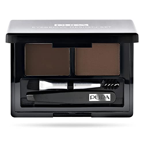 Pupa Milano Eyebrow Design Set - Essentials For Brow Grooming, Sculpting, and Shaping - Professional Tweezers, Angled Brush and Comb, Powder, Wax - Dermatologist Tested - 003 Dark Brown - 0.039 oz