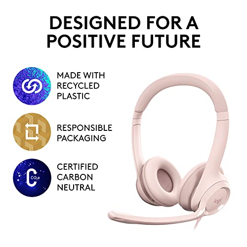 Logitech H390 Wired Headset for PC/Laptop, Stereo Headphones with Noise Cancelling Microphone, USB-A, in-Line Controls, Works with Chromebook - Rose