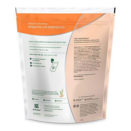 Grab Green Automatic Dishwashing Detergent Pods, 60 Count, Tangerine Lemongrass Scent, Plant and Mineral Based, Superior Cleaning, Powerful Grease Removal, Brilliant Shine