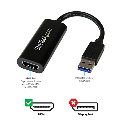 StarTech.com USB 3.0 to HDMI Adapter - 1080p (1920x1200) - Slim/Compact USB Type-A to HDMI Display Adapter Converter for Monitor - External Video and Graphics Card - Black - Windows Only (USB32HDES)