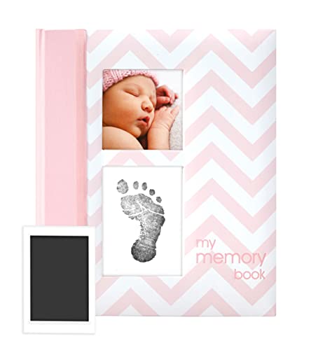 Pearhead First 5 Years Chevron Baby Memory Book With Clean-Touch Baby Safe Ink Pad To Make Baby's Hand Or Footprint Included, Newborn Milestone And Pregnancy Journal, Pink