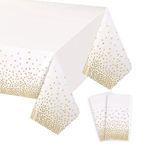 Gexolenu 2 Pack White and Gold Disposable Plastic Tablecloth for Rectangle Tables(54' x 108'), Disposable Waterproof Table Cover for Birthday, Graduation, Gold Table Cloths Party Supplies