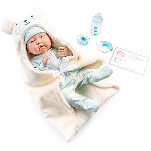 JC Toys - La Newborn Nursery | 8 Piece Bunting Soft Body Baby Doll Gift Set | 15.5' Life-Like Soft and Posable Newborn Doll with Accessories | Blue Bear| Light Blue | Ages 2+ (18790)