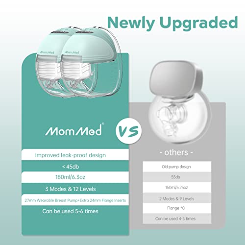 MomMed Double Wearable Breast Pump, Hands-Free Electric Breast Pump with 3 Mode 12 Levels, Leak-Proof Design and Low Noise, 27mm All-in-One Painless Breastfeeding Breast Pump, Extra 24mm Flange Inserts