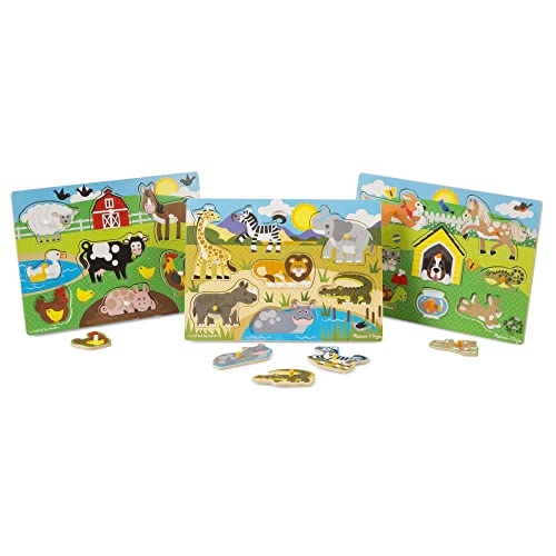 Melissa and Doug World of Animals Wooden Peg Puzzles Set - Pets, Farm, and Safari