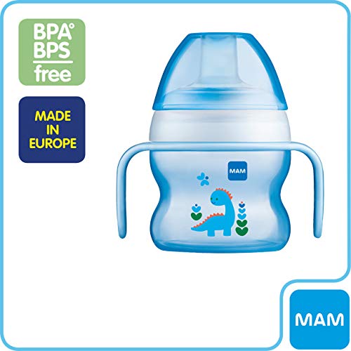 MAM Starter Cup (1 Count), MAM Sippy Cup, Drinking Cup with Extra-Soft Spill-Free Spout and Non-Slip Handles, for Boys 4+ Months, Five Ounces, Blue