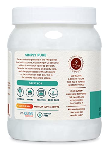 Nutiva Organic Coconut Oil 54 fl oz, Cold-Pressed, Fresh Flavor for Cooking Oil, Natural Hair Oil, Skin Oil, Massage Oil and, Non-GMO, USDA Organic, Unrefined Extra Virgin Coconut Oil (Aceite de Coco)