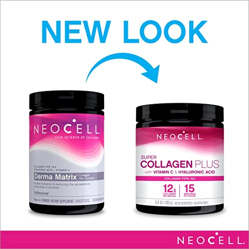 NeoCell Super Collagen Powder, Collagen Plus includes Vitamin C and Hyaluronic Acid, Promotes Healthy Hair, Beautiful Skin, and Nail Support, Collagen Type 1 and 3, 12g Collagen Peptdes per Serving, 6.9 Oz