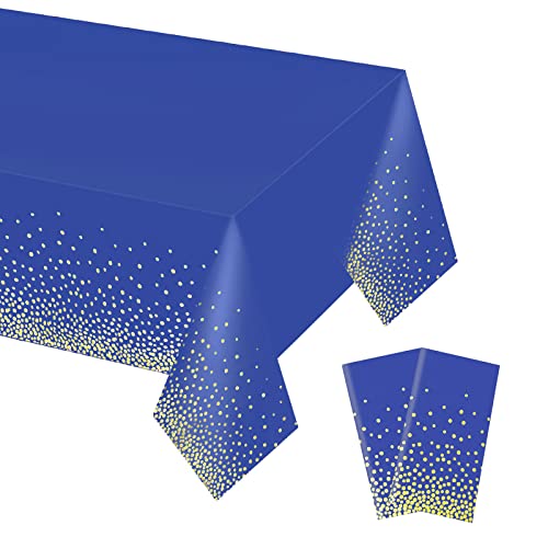 Gexolenu 2 Pack Premium Blue and Gold Disposable Plastic Tablecloth for Rectangle Tables(54' x 108'), Disposable Waterproof Table Cover for Birthday, Graduation, Gold Table Cloths Party Supplies