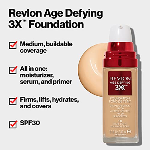 Liquid Foundation by Revlon, Age Defying 3XFace Makeup, Anti-Aging and Firming Formula, SPF 30, Longwear Medium Buildable Coverage with Natural Finish, 035 Natural Beige, 1 Fl Oz