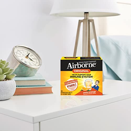 Airborne 1000mg Vitamin C with Zinc, SUGAR FREE Effervescent Tablets, Immune Support Supplement with Powerful Antioxidants Vitamins A C and E - 30 Fizzy Drink Tablets, Zesty Orange Flavor