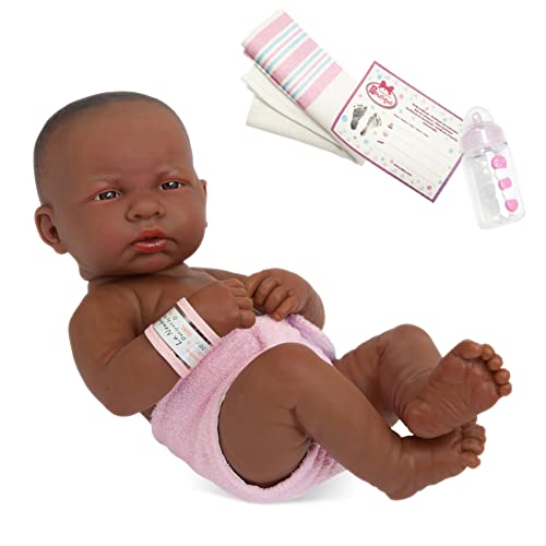 JC Toys - La Newborn First Day African American| Anatomically Correct Real Girl Baby Doll | 14' All-Vinyl Baby Doll | Includes Hospital Blanket, Bracelet and First Baby Bottle| Made in Spain | Designed by Berenguer | Ages 2+ , Pink