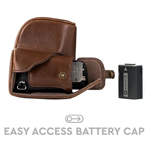 MegaGear 'Ever Ready' Leather Camera Case – Easy to Install, Tripod and Peripheral Friendly Accessory – Compatible with Sony Alpha A6000, A6300 (Dark Brown)