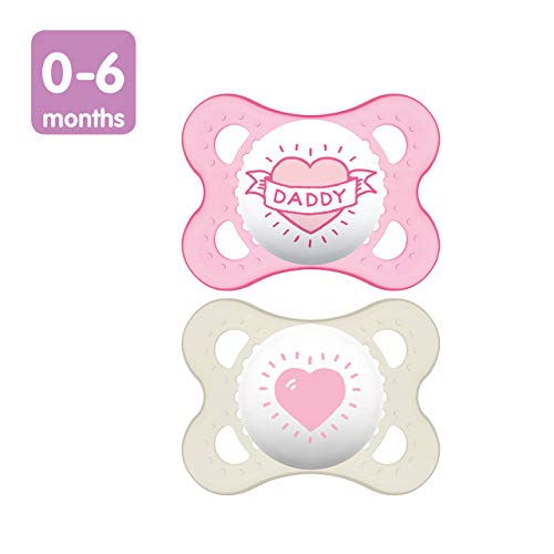 MAM Original Baby Pacifier, Nipple Shape Helps Promote Healthy Oral Development, Sterilizer Case, Love and Affection/Girl, 0-6 Months (Pack of 2)