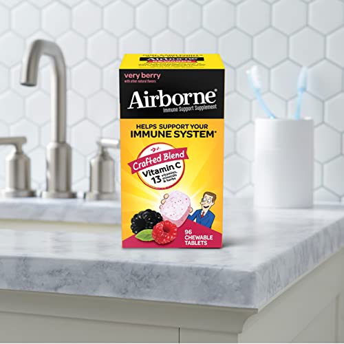 Airborne 1000mg Vitamin C Chewable Tablets with Zinc, Immune Support Supplement with Powerful Antioxidants Vitamins A C and E - 96 Chewable Tablets, Very Berry Flavor