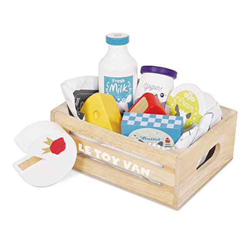 Le Toy Van - Wooden Honeybee Market Cheese and Dairy Crate | Wooden Market Stall Food | Supermarket Pretend Play Shop Food (TV185)
