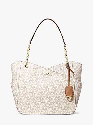 Michael Kors Women's Jet Set Travel Large Chain Shoulder Bag bundled Purse Hook and Skinny Scarf (Signature MK Vanilla)