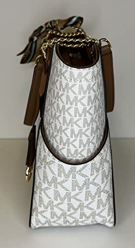 Michael Kors Women's Jet Set Travel Large Chain Shoulder Bag bundled Purse Hook and Skinny Scarf (Signature MK Vanilla)
