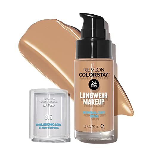 Liquid Foundation by Revlon, ColorStay Face Makeup for Normal and Dry Skin, SPF 20, Longwear Medium-Full Coverage with Natural Finish, Oil Free, 315 Butterscotch, 1 Fl Oz